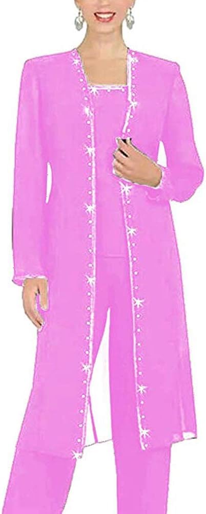Leader of the Beauty 3 Piece Chiffon Beaded Pant Suits Mother of The Bride Pant Suits with Long Jacket for Women Formal 16 Lilac
