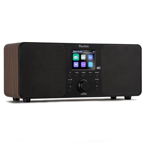 Audizio Genua Radio Digital Dab/FM con Bluetooth, Pantalla LCD, función Doble Alarma, Altavoz estéreo, Salida de Auriculares y AUX, diseño Compacto y Elegante con Acabado en Madera Natural