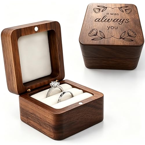molchagar Wooden Ring Box for Wedding Ceremony, Rustic Ring Holder for Proposal, Engagement, Anniversary, Flora Engraved Jewelry Gift Box for lover's Birthday…