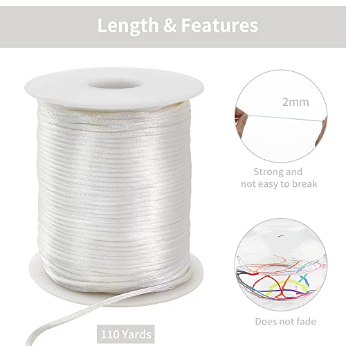 Toniful 2Mm X 110 Yards Cream White Nylon Cord Satin String For Bracelet Jewelry Making Rattail Macrame Waxed Trim Cord Necklace Bulk Beading Thread Kumihimo Chinese Knot Craft #TOP1