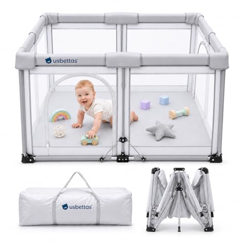 usbettas Foldable Baby Playpen 1-Minute Setup Lightweight Portable Playpen with Carry Bag 50x50 Indoor Outdoor Safty Play Yard for Babies & Toddlers Light Gray