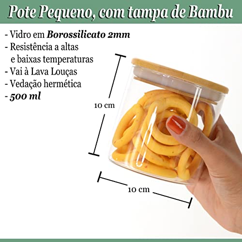 Kit contendo 03 potes de vidro Borossilicato com Tampa de Bambu