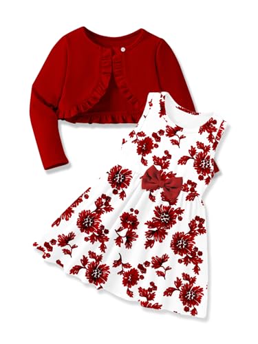 Toddler Girls Dress and Cardigan Floral Print Tank Dress Baby Cardigan Set 2PCS Fall Winter Outfits for Girls 2-6Y