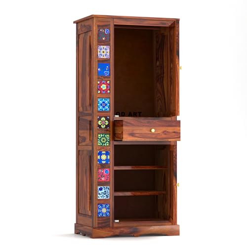 Image of Sheesham Wood Wardrobe for Bedroom - Already Assembled Solid Wood Almirah with Doors & Drawer Storage | Wooden Cupboard for Clothes, Multi-Utility Wardrobe Furniture for Home | Honey Finish