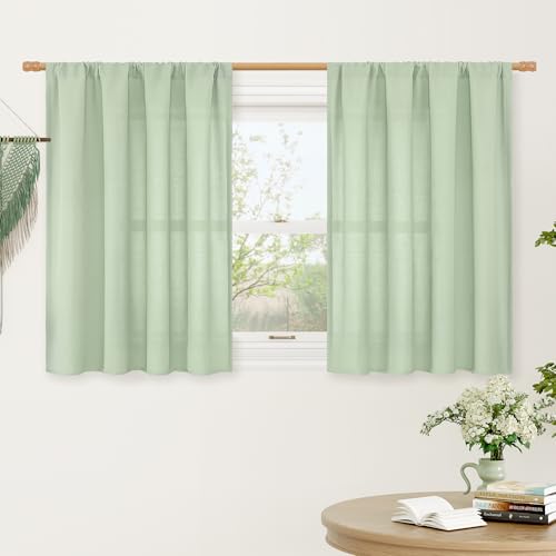 Image of LAMIT 36 Inch Length Short Linen Curtains for Kitchen Window, Light Green