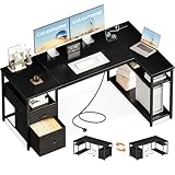Coleshome Escritorio Esquinero con Cajones de Tela, 160x80cm Escritorio en L con Estantería Reversible, Mesa en L con Enchufes y Puertos USB para Oficina Trabajo en Casa y Juegos, Negro