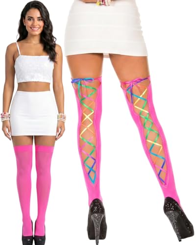 Image of ToBeInStyle Women's Lace Up Back Seam Tights Sheer or Opaque Hosiery Stockings Crisscross Lace Ribbon Zigzag Design
