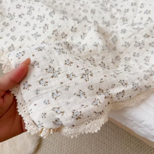 Image of BuLuTu Chic Shabby Floral Toddler Quilt 100% Cotton Muslin Quitled Blanket Girls Boys Comforter with Lace Edges, Crib /Toddler Bed Blankets, Plumbago Flower Print, 47x59 Inches, No Pillow
