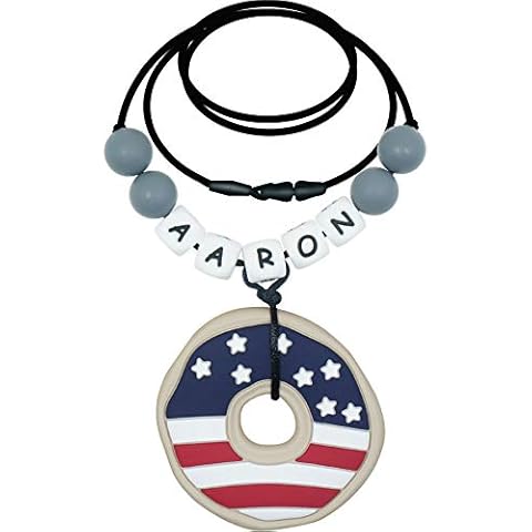 Teething Necklace Personalized Name, Silicone US National Flag Donut Pendant Chew Necklace for Kids Boys Girls Sensory Oral Motor Aids(Grey) Cover