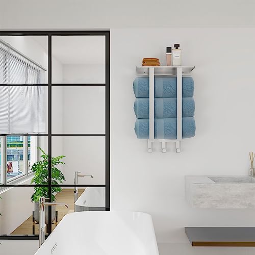 Towel Racks for Bathroom, BETHOM Towel Rack Wall Mounted with Shelf and 3 Hooks, Towel Storage for Small Bathroom for Rolled Bath Towels, Brushed Nickel
