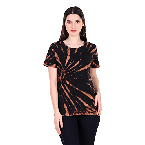 Image of Stories.Label Women's Tie Dye Printed Cotton Tshirt in Ribbed Neck, Regular Fit Half Sleeves Tops for Girls Stylish (Size S - 5XL)