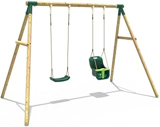 Rebo® Children\'s Wooden Garden Swing Set - Luna | OutdoorToys | Pressure Treated Timber, Soft Feel Ropes, Baby Swing Seat and Regular Seat, Sturdy Construction