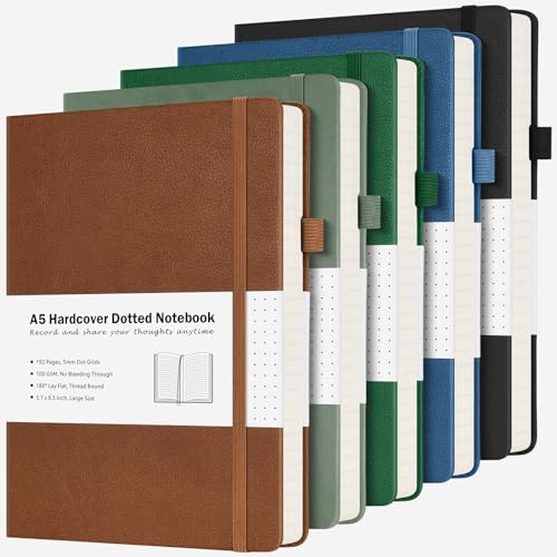 Dotted Journal, 5 Pack Hardcover Notebook, Dot Grid Notebook Journal for Women, Men, Large Leather Journals for Writing, Bullet, No Bleed Thick Paper, A5 Notebooks for Work, School, Notes, 5.7'x8.5'