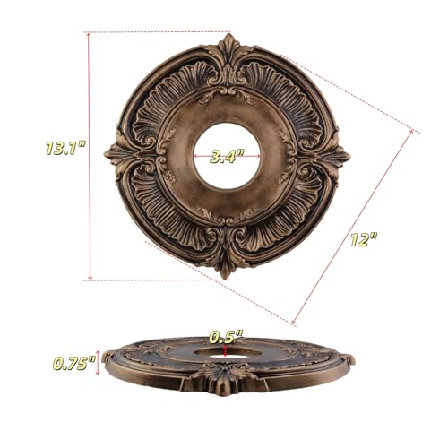 Image of PU Ceiling Medallions 2Pcs, 13.1 Inches x 3.38 Inches, Bronze Tone | Split Type, Fits 3.38 Inches Canopy, European Vintage Carving Style, Synthetic Foam Construction for Easy Installation