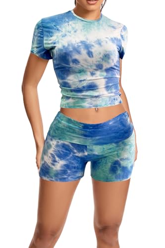 qfmqkpi Workout Outfits for Women 2 Piece Set Short Sleeve Tops Slim Foldover Shorts Matching Yoga sets Tie-Dye Tracksuit Blue Green White S