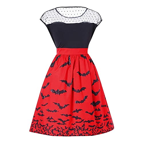 Frauen Halloween Party Kleider Fledermaus Print Retro Spitze Ärmellose Swing Kleider Sexy Aushöhlen Kleid (Farbe : 01, Size : 3XL) Cover