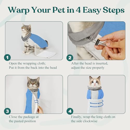 Image of Supet Cat Grooming Wrap for Cutting Nails, Self-Adhesive Calm Cat Swaddle | Bite-Proof Mesh Hood & Thick Waist Strap Anti-Escape Anti-Scratch Bag for Nail Trimming, Medication, Ear Cleaning (Blue S)