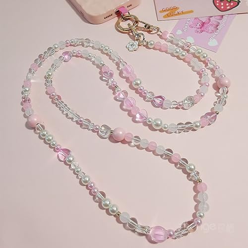 [CSILOVEE] スマホストラップ ストラップ ビーズ ショルダー 花 真珠 パール ピンク キラキラ カラフル 活発で可愛い おしゃれ 人気 バッグチェーン 斜め掛け 全スマホ対応 忘れ物防止 耐久性 韓国 タグ1枚付き (120cm, ピンク)