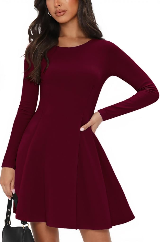 OKIFOIR Long Sleeve Mini Dress for Women A Line Fall Pleated Babydoll Short Party Dresses 2026