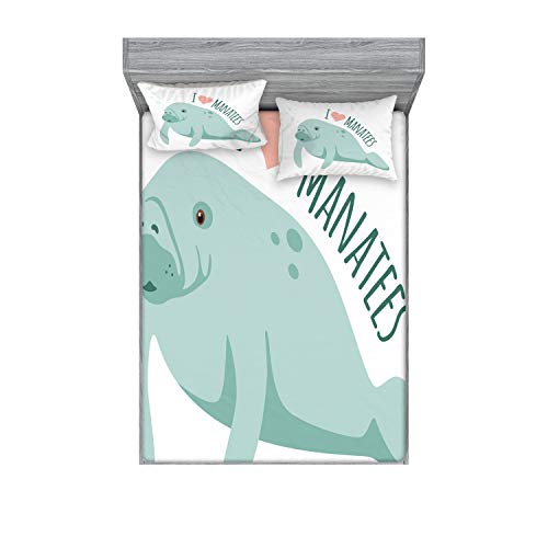 Ambesonne Manatee Fitted Sheet & Pillow Sham Set, Pastel Toned Arrangement with I Love Manatees Words Animal, Decorative Printed 3 Piece Bedding Decor Set, King, Mint Green