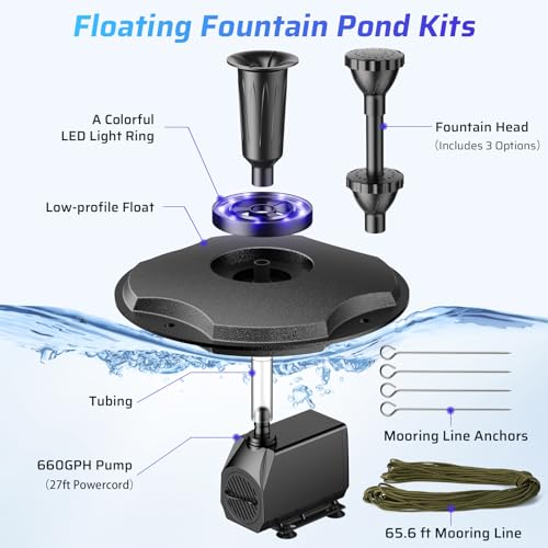 Antfraer Floating Pond Fountain with Remote Control RGB LED Lights, 40W 660GPH Water Pump with 3 Spray Modes, Floating Fountain 27FT Cord & 65.6FT Mooring Line for Garden Ponds, Outdoor Water Features — view 3