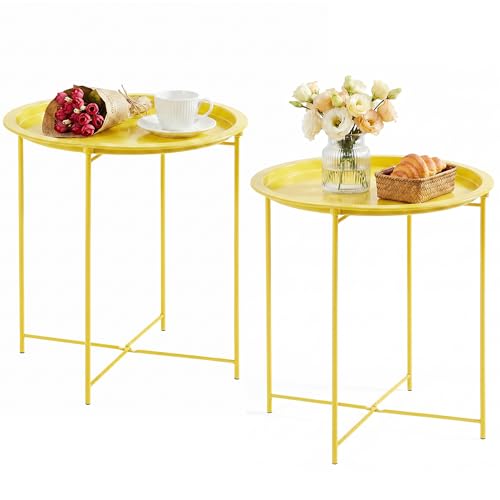 VECELO Side/End Table, Folding Round Metal Anti-Rust and Waterproof Outdoor or Indoor Tray for Living Room Bedroom Balcony and Office, 2 PCS, Yellow