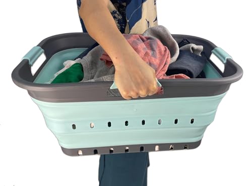 Image of SAMMART 42 (11 Gallons) Collapsible Plastic Laundry Basket, Foldable Pop Up Storage Container /Organizer, Space Saving Hamper, Portable Bin for Dorm Room Bathroom (1, Grey /Lake Green)