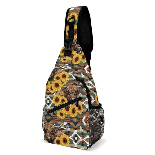 Lightweight Chest Shoulder Backpack, Chest Bag, Fashion Day Pack For Women And Men Native Aztec Sunflower Cattle Highland Cow
