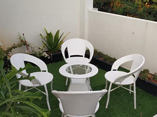 Image of Artic Fashion D-12 Chairs Table Set 4+1 Wicker Patio Furniture Sets 4 Chair and 1 Table for Garden Balcony Bedroom Powder Coated Frame Uv Protected Wicker (White)