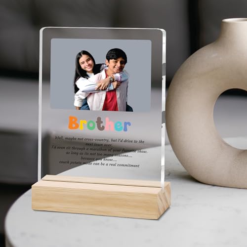 Image of Giftplease Customized Photo And Text Frame With Wooden Stand | Personalised Printed Photo Frame | Gift For Brother | Birthday | (Transparent, 5MM, 6 * 8 Inches), Tabletop BG 04
