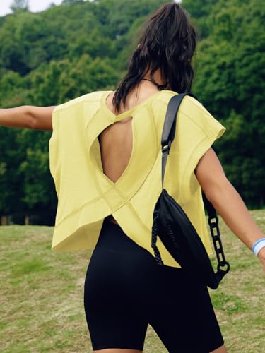 Image of SENSERISE Womens Open Back Workout Tops Backless Short Sleeve Athletic Shirt Running Crop Top Gym Yoga Tee