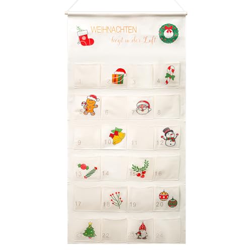 TEUYOE Calendario de Adviento para rellenar de tela, calendario de pared de Adviento con 24 bolsillos para regalos de Navidad, tarjetas de Navidad, dulces, cartas, juguetes (100 x 50 cm)