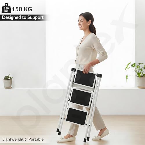 Image of Plantex 3 Step Ladder for Home Use /Wide Anti-Slip Heavy-Duty Step Stool /Lightweight Kitchen Ladder 3 Step (White)