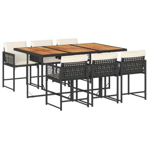 QJBSAVVA Salon de jardin 7 pièces en polyrotin avec plateau en bois d'acacia, table de jardin avec 6 chaises et coussins, forme cube peu encombrante pour...