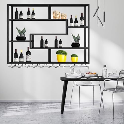 Casier à vin mural design métal noir support bouteilles verres suspendus