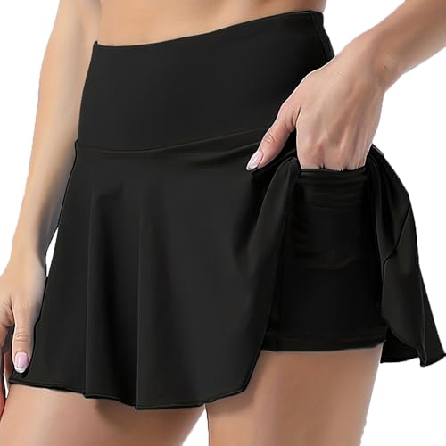 KOEMCY Faldas Mujer Verano de Tenis Deportiva Transpirable 2 en 1 con Bolsillo y Pantalones Cortos Falda Golf Adecuado Yoga Fitness Gym Tenis al Aire Libre9(Negro/XL)