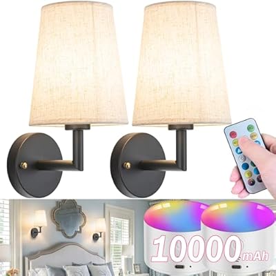 Wall Sconce Battery Operated Wall Light Fixure with Remote Control, Dimmable Battery Operated Wall Sconces Set Of Two, Indoor Wireless Wall Mounted Lamp with Rechargable Bulb For Bedroom Living Room (