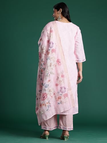 Image of INDO ERA Women's Linen Floral Embroidered Straight Calf Length Kurta with Pant & Dupatta Set (PS0KH10643)