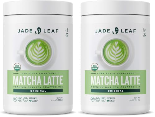 Image of Jade Leaf Matcha Organic Cafe Style Sweetened Matcha Latte Green Tea Powder, Premium Barista Crafted Mix - Authentically Japanese (1.1 Pound Tin) (Pack of 2)