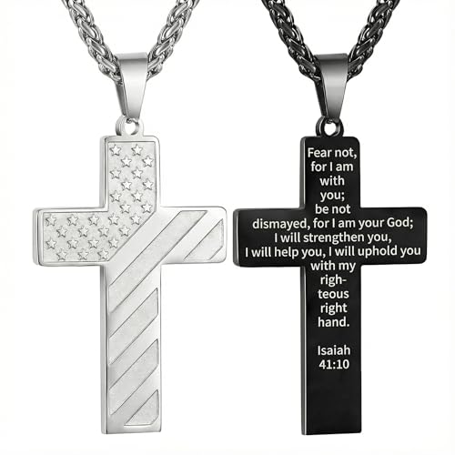 RINHOO 2cps American Flag Cross Necklace for Men Inspirational Bible Verse Cross Pendant Stainless Steel Religious Christian Necklace (Silver+Black-Fear not) - image 1