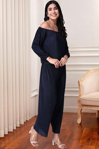 Image of POPWINGS Casual Wrinkle Full Sleeves Off-Shoulder Top and Palazzo Co-ord Set for Women || Co-Ords Set for Women Stylish Western || Top and Palazzos Set for Women|| 2 Piece Set for Women