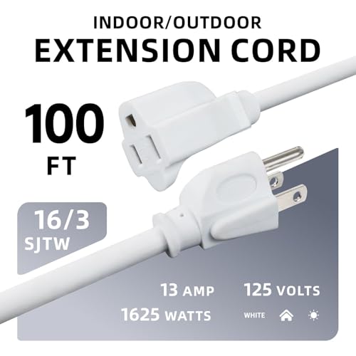 Image of EP 100FT Outdoor Extension Cord, 16 /3 SJTW Heavy Duty White, ETL Listed
