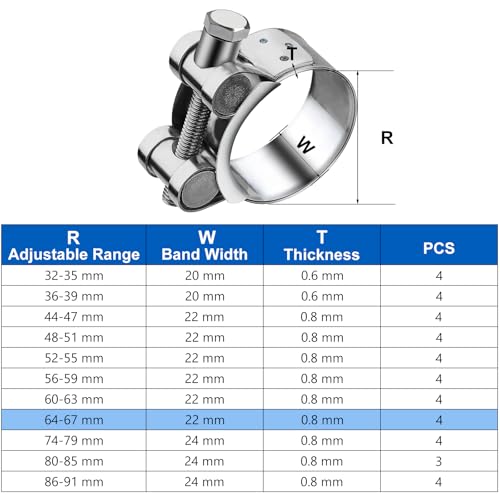 Jiahezhi Collier d'échappement en acier inoxydable 64-67 mm Collier de – vue 2