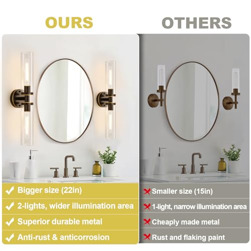 Image of Indoi Wall Sconces Set of Two, Hardwired Brown Bathroom Sconces Wall Lighting with Clear Glass, Modern Sconces Wall Decor Set of 2 Bathroom Light fixtures for Mirror Hallway (Bulbs Not Included)