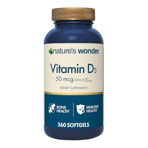 Nature's Wonder Vitamin D3 2000iu (50mcg), 1 Year Supply to Support Bone Health, Immune System, and Promotes Calcium Absorption, Gluten Free, 360 Softgels