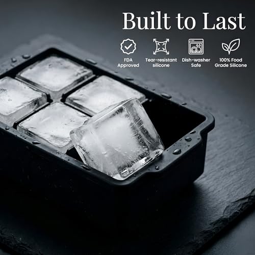Image of KitchFort Large Silicone Ice Cube Tray (2-Pack), Easy Release 2 inch Big Ice Cubes - Cocktail, Whiskey Ice Cubes Mold - Ice Trays for Freezer with Lid - Stackable Silicone Ice Tray - Black