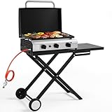 LIFERUN Tragbarer 3-Brenner Gasgrill mit Deckel inkl. Klappbarer Grilltisch, 7.2kW Tischgrill mit Separatem Grillwagen, Tischgasgrill mit faltbarem Grillständer für Balkon, Garten, Camping, Schwarz