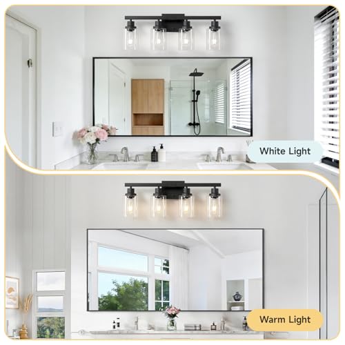Image of 4-Light Bathroom Vanity Light, Modern Matte Black Wall Sconce Lighting with Clear Glass Shade, Bathroom Lighting Fixtures Over Mirror,Vintage Wall Mounted Lamps for Mirror Bedroom,Living Room