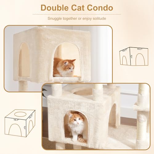 Image of Heybly Cat Tree, 76-Inch Tall Heavy Duty Cat Tower for Big Cats HCT039M | Multi-Level Large Cat Furniture with Extra Wide Baseboard, 2 Condos & 2 Hammocks, 10 Scratching Posts, Beige