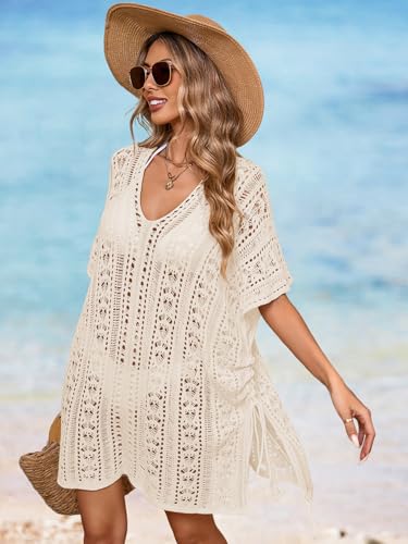 Womens Crochet Knit Swimsuit Coverup Beach Dress Summer 2025 Oversized V Neck Cap Sleeve Bathing Suit Cover Up2